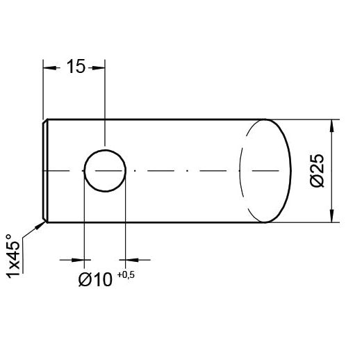 Technical drawing of the Sparex Loader Tine - Curved 400mm (Round) features the cylindrical part with dimensions: diameter is 25mm, length 15mm, and contains a hole with a diameter of 10mm, positioned at a 45-degree angle. This curved type design is ideal for pin fitting applications and fits as product number S.79229 (25440).