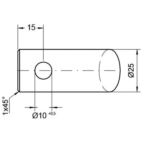 Technical drawing of the Sparex Loader Tine - Curved 400mm (Round) features the cylindrical part with dimensions: diameter is 25mm, length 15mm, and contains a hole with a diameter of 10mm, positioned at a 45-degree angle. This curved type design is ideal for pin fitting applications and fits as product number S.79229 (25440).