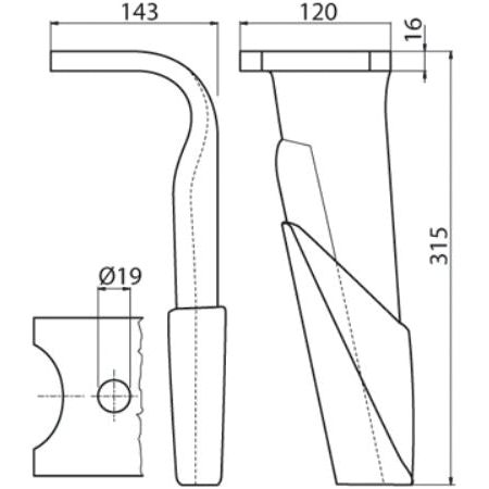 Technical drawing of the Sparex Hardfaced Power Harrow Blade 120x16x315mm LH. The drawing includes measurements: height of 315mm, width of 143mm and 120mm, thickness of 16mm, and a hole diameter of Ø19mm. It depicts both side and front views, showcasing its curved and angled features designed to minimize machine downtime. This blade is a replacement for Kuhn model number 2500090C - S.79235 with accurately spaced hole centers.