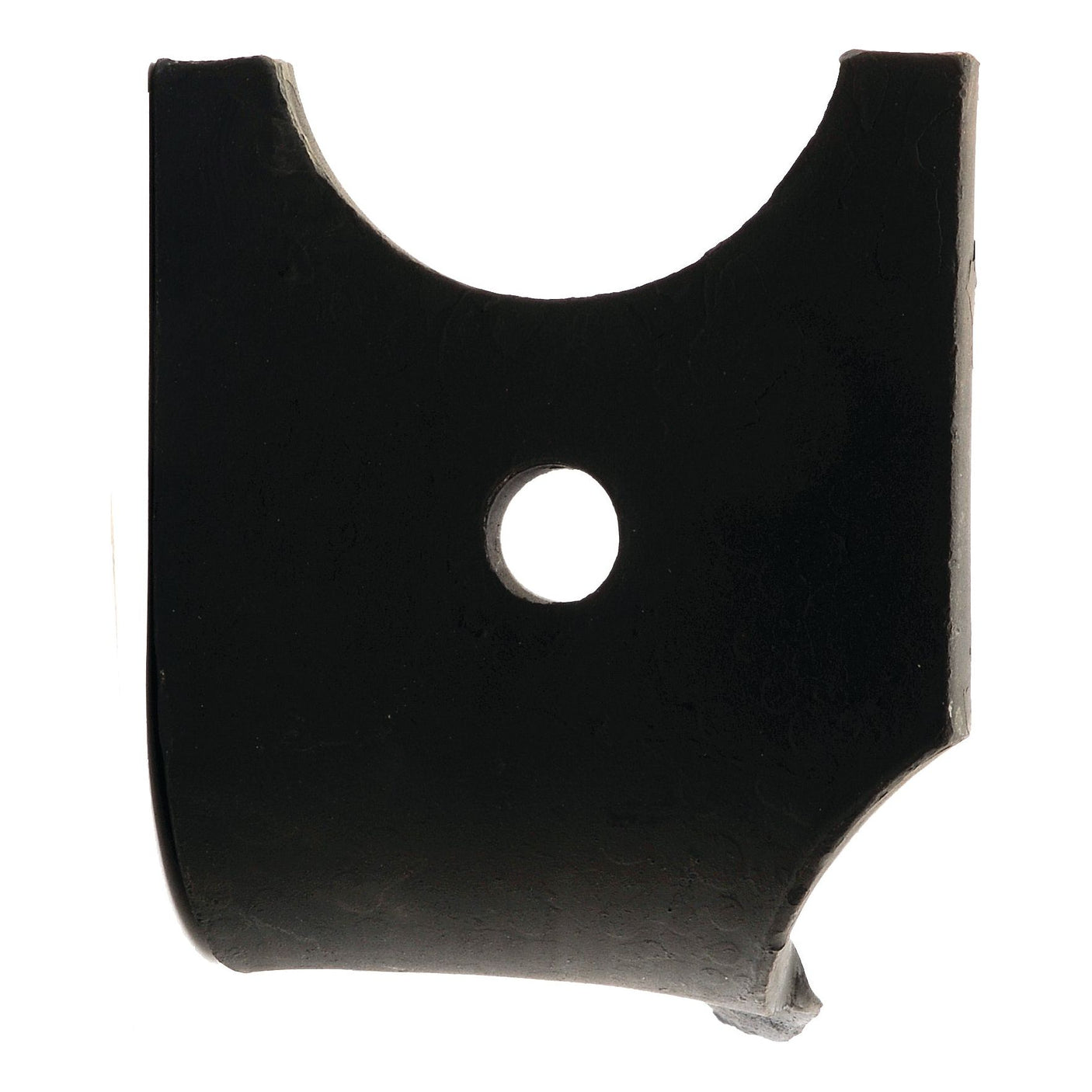 A black, partially broken Hardfaced Power Harrow Blade 120x16x315mm LH by Sparex, featuring a circular hole with a diameter of 19mm in the center, designed as a replacement for Kuhn.