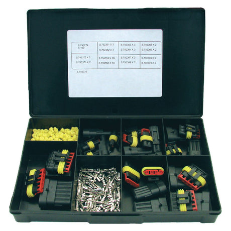 The Assorted Superseal Block Connectors (Handipak 228 pcs.) - S.792379 by Sparex is a black plastic organizer box featuring multiple compartments that contain 228 pieces of connectors, pins, and yellow crimps. Inside the lid, there's a chart for easy reference.