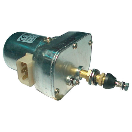 Close-up of the Sparex Wiper Motor 12V (Sparex Part No.S.79267) featuring a small electric actuator with a metallic body, wiring connector, and exposed threaded rod with a rubber boot and nut that is commonly found in motors offering self-park functionality.