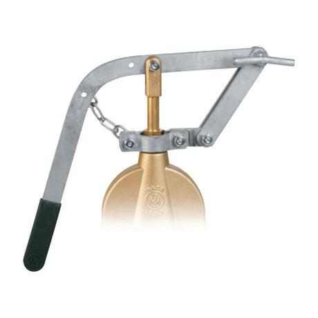 A metal mechanical device with a lever and chain, attached to a bronze part with an embossed Metaltecnica logo, offering an alternative to: Gate valve lever 4, 5 & 6'' | Sparex Part No.S.79296 by Sparex.