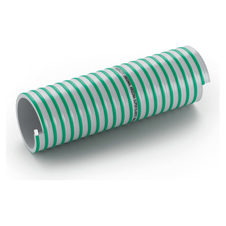 The Sparex PVC Slurry Hose - Round Helix (Arizona SuperElastic), featuring a 152.4mm (6'') hose ID and coiled green and white PVC design with text printed along the length, is perfect for irrigation systems.