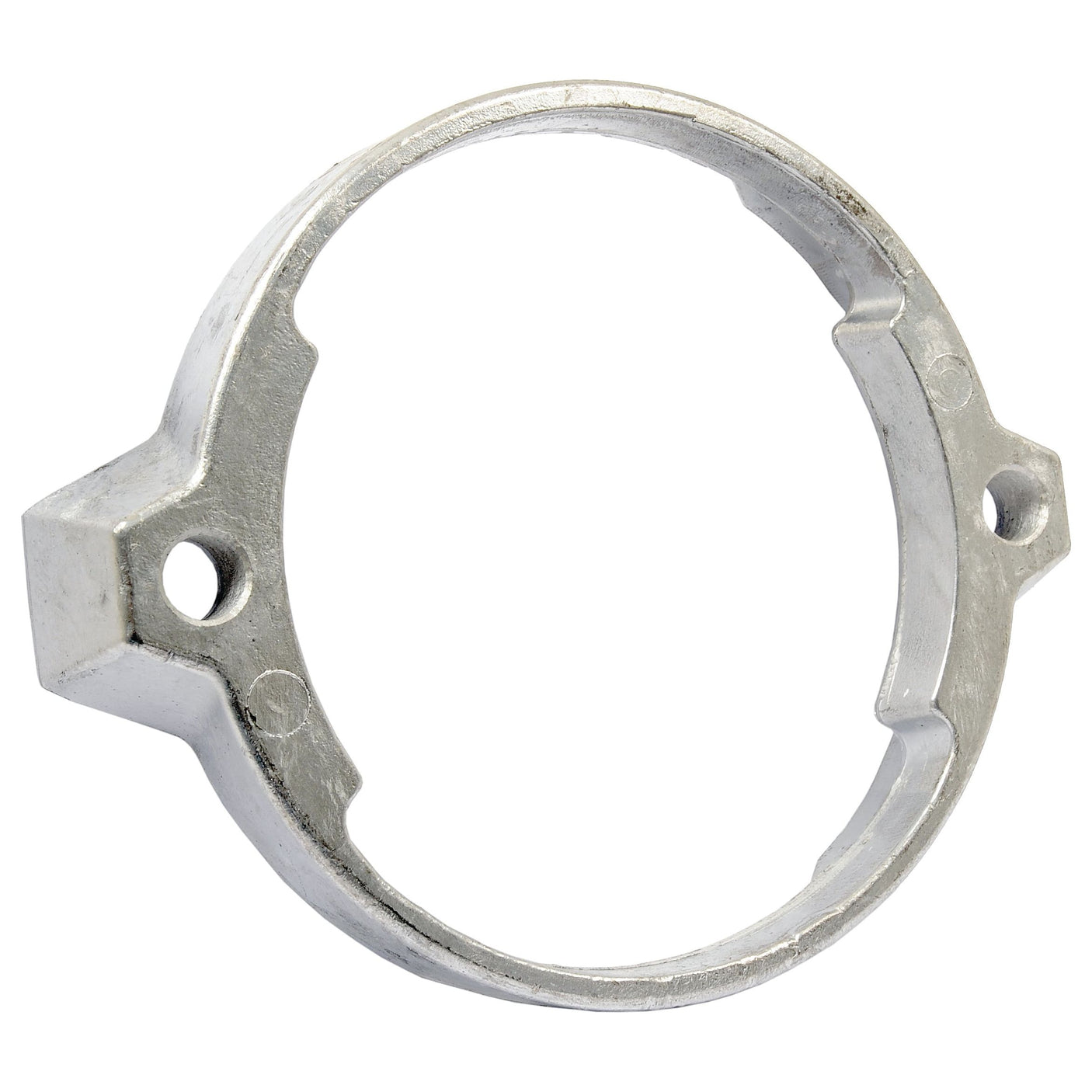 A metallic circular object, resembling the Clamp fitting as 17720087 or Sparex Part No. S.79402, features two screw holes and notches around the inner edge.