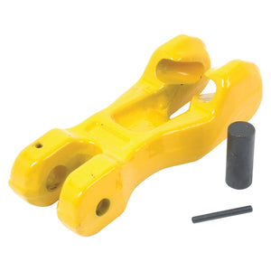 Photo of a yellow cast iron Chain Shortener - 10mm (S.79410) by Sparex, typically used in heavy machinery, featuring two holes for attaching to other components. Accompanied by a cylindrical pin and a smaller rod, this Chain Shortener ensures safety with its specified safe working load.