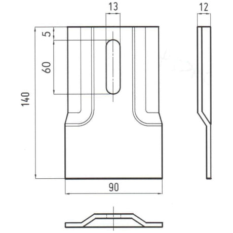 Technical drawing of a Sparex Scraper Plate 140x90x4mm (Part No.S.79524), showing front, side, and bottom views. Dimensions are labeled: 140 height, 90 width, and 4 depth, with slot size clearly marked. Fits as: 60500.