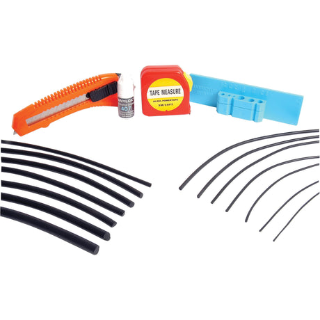 The Sparex DIY O Ring Splicing Kit - S.7959 includes a utility knife, tape measure, small bottle, plastic tool, and various black tube-like wires on a white background—ideal for any DIY repair kit or workshop and car service needs.