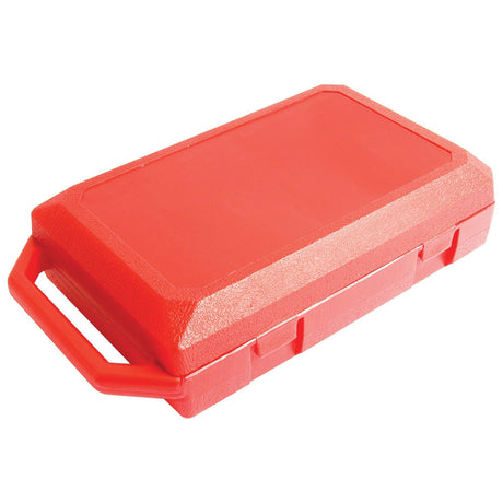 A closed, rectangular red plastic toolbox from Sparex with a handle on the left side, perfect for your DIY O Ring Splicing Kit - S.7959.