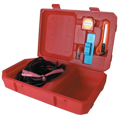 The DIY O Ring Splicing Kit - S.7959 from Sparex is a versatile red plastic toolbox, ideal for your repair needs, featuring a tape measure, utility knife, roll of black cord, and an assortment of other essential tools.