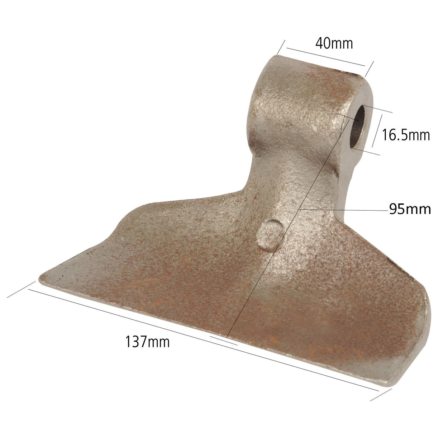 The Sparex Hammer Flail is a metal blade designed with a 40mm top width, 16.5mm hole diameter, bottom width of 137mm, and a radius of 95mm—perfect as a replacement for Berti, Breviglieri, Maschio, and Vogel & Noot models.