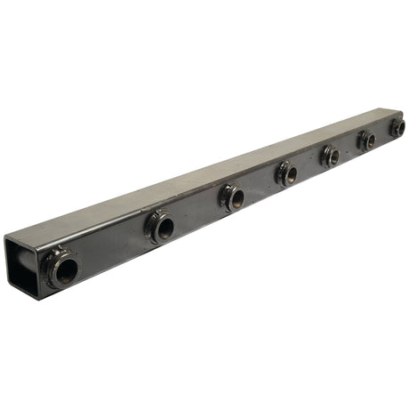 A rectangular metal manifold, specifically the Pre Bushed Tube - Length: 1200mm - S.79659 from Sparex, featuring several threaded ports evenly spaced along one side and designed with the precision of a square tube.