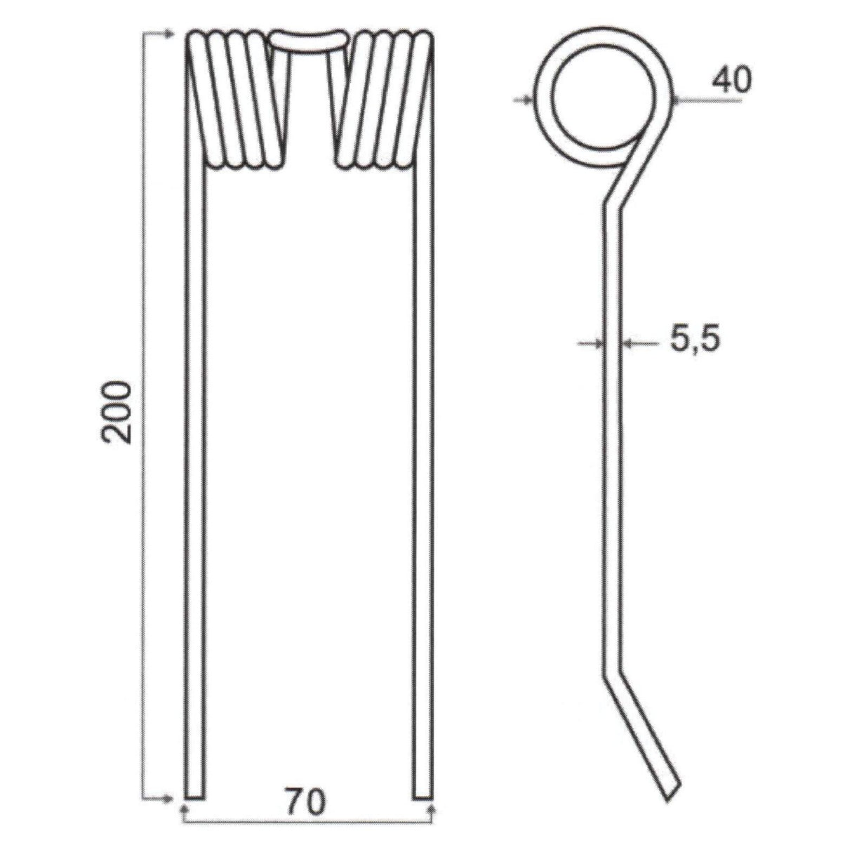 Engineering diagram of a metal part with dimensions marked. The part, labeled Pick-Up Tine (Sparex Part No.S.79740), is 200mm long, 70mm wide at the base, has a coil at the top with an outer diameter of 40mm, and a side width of Ø5.5mm. This component serves as a replacement for Mchale CTN00008.