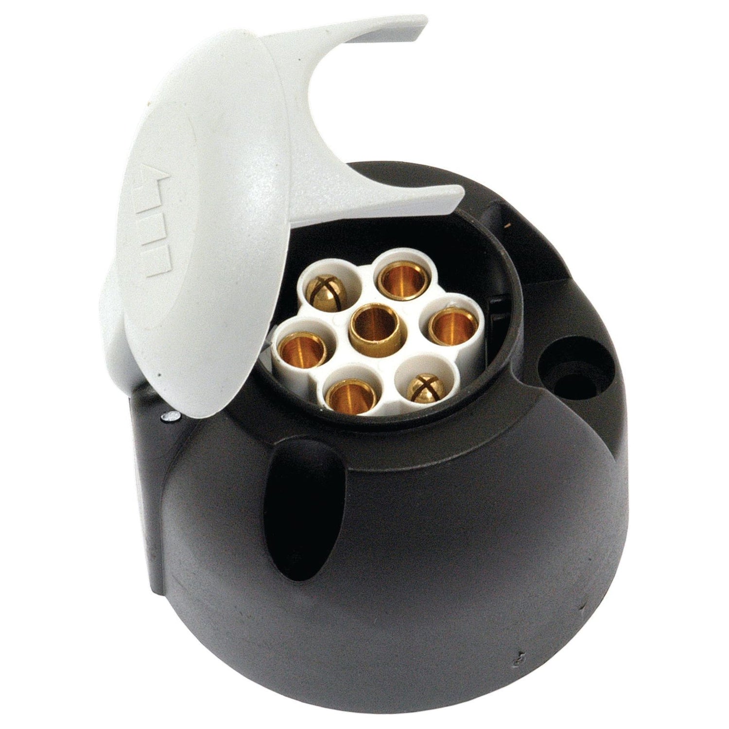 A close-up of the Sparex 7 Pin Caravan Plug - Plastic (Sparex Part No.S.21391), featuring a black circular socket with seven gold-plated pin holes and a white plastic protective lid flipped open.