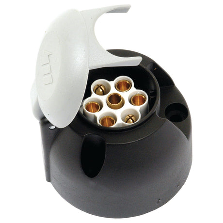 A close-up of the Sparex 7 Pin Caravan Plug - Plastic (Sparex Part No.S.21391), featuring a black circular socket with seven gold-plated pin holes and a white plastic protective lid flipped open.