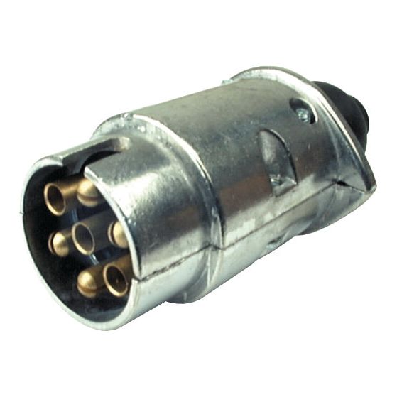 A close-up view of the Sparex 7 Pin Trailer Plug (Aluminium), Male 12V | Sparex Part No. S.3996, reveals its robust design featuring seven brass connectors. This durable plug is typically used for electrical connections between a vehicle and a trailer. Its aluminium casing and screw connectors ensure reliable 12V power transmission.