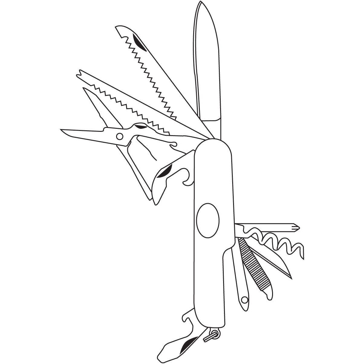 Illustration of the Sparex 7 Pin Trailer Socket (Plastic), Female 12V, showing its various tools extended, including a saw, scissors, screwdriver, corkscrew, and bottle opener. The product features plastic material handles for durability.