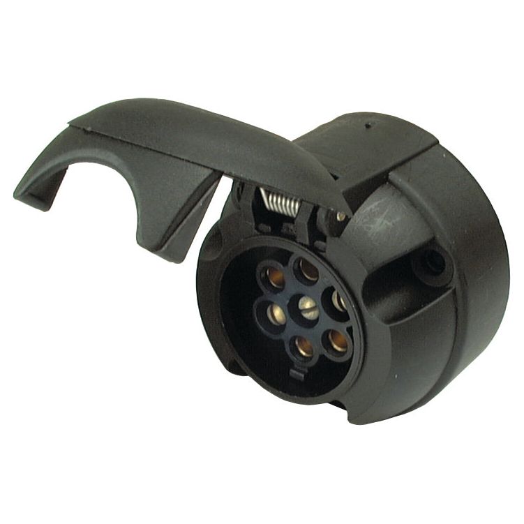 A **Sparex 7 Pin Trailer Socket (Plastic), Female 12V | Sparex Part No.S.3401** with its cover partially open, revealing metal connectors inside, encased in durable plastic material.