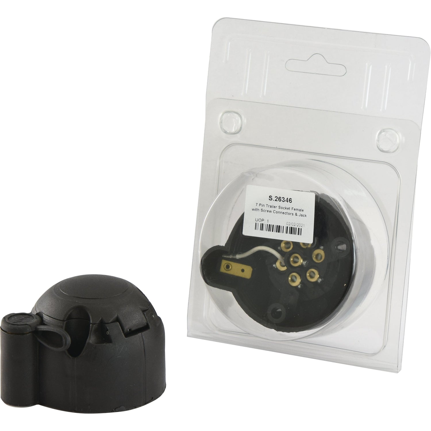 The Sparex 7 Pin Trailer Socket Female with Screw Connectors & Jack Plug (Plastic) Agripak, Part No. S.26346, comes in black with one unit inside clear Agripak packaging and another unit placed outside the package.