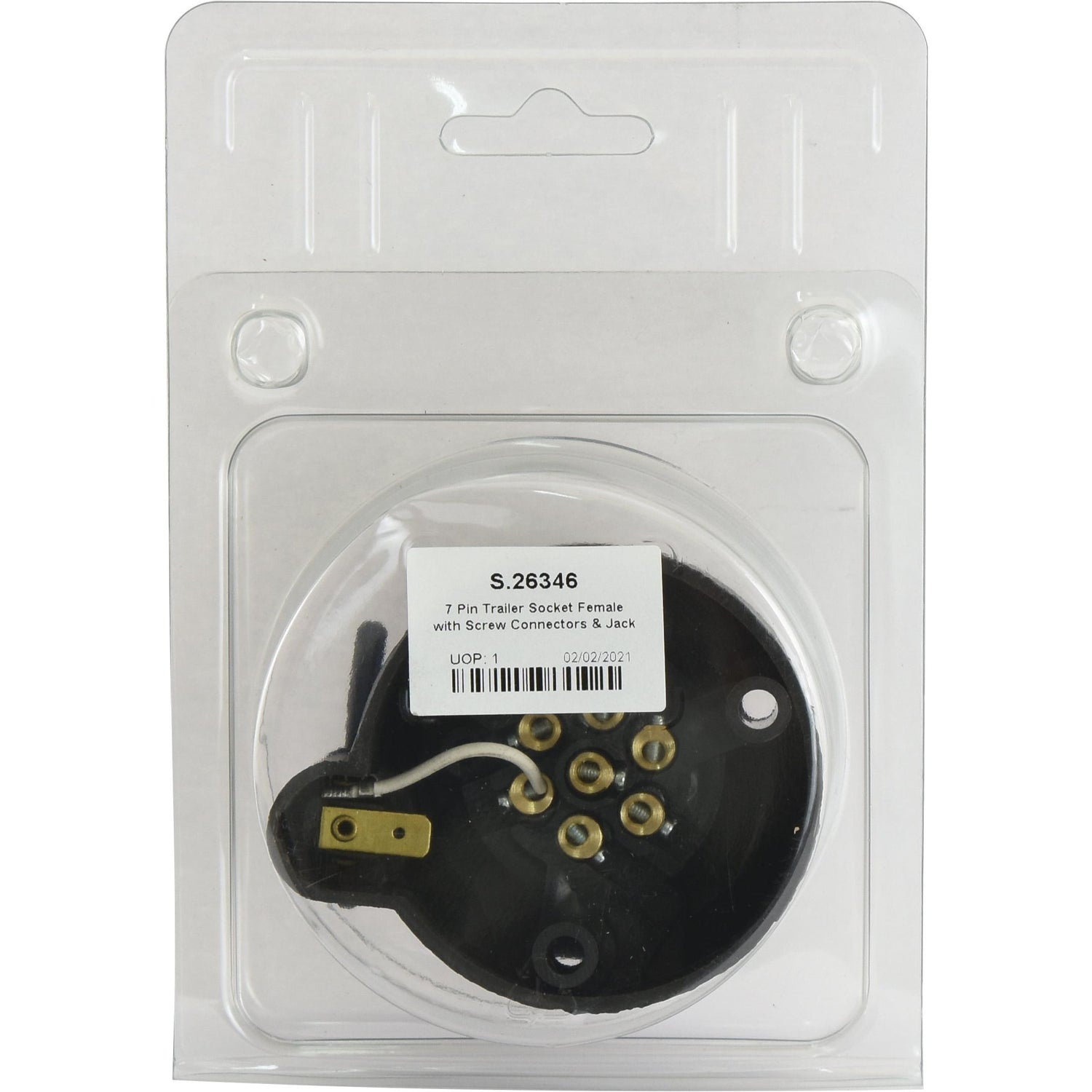 The Sparex 7 Pin Trailer Socket Female with Screw Connectors & Jack Plug, product code S.26346, elegantly comes in clear plastic clamshell packaging.