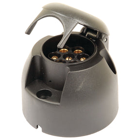 A black, round Sparex 7 Pin Trailer Socket Female with Spade Connectors (Plastic) 12v | Sparex Part No.S.31356, features an open cover that reveals the metal spade connectors inside, designed for a 12v system.
