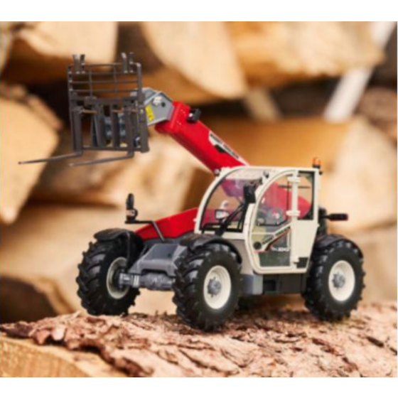 A small Massey Ferguson - MF TH.8043 1:32 telehandler, red and white in color with raised forks, sits on a log against a blurred background of stacked wood. This AGCO product, model X993042206342, showcases its compact design perfectly.