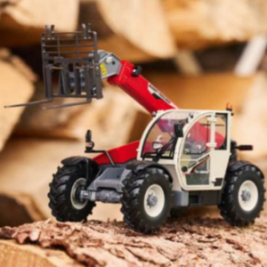 A small Massey Ferguson - MF TH.8043 1:32 telehandler, red and white in color with raised forks, sits on a log against a blurred background of stacked wood. This AGCO product, model X993042206342, showcases its compact design perfectly.