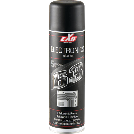 A tall black canister labeled "EXO 63 Electronics Cleaner - S.81240" from Sparex features multiple language descriptions and a circuit board graphic, making it ideal for cleaning electric installations and ensuring optimal contact maintenance.