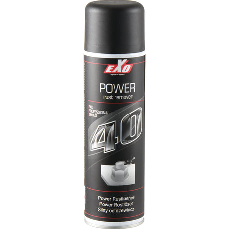 A black aerosol can labeled "EXO 40 Power Rust Remover - S.81270" by Sparex, featuring an image of a bolt and nut below the text, with advanced PTFE lubricant for efficient rust removal and extreme cooling properties.