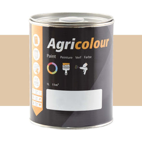 A can of PAINT CASE IH WHIT/GRE - S.82321 by Sparex, featuring a black and orange label with icons depicting paint application and coverage details. The can has a capacity of 1 liter, clearly marked with measurements and manufacture information.