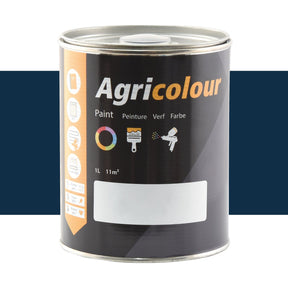 A one-liter can of Sparex's Agricolour paint, PAINT SAME BLUE - S.82653, with a black label, featuring icons for different uses, coverage information of 11 square meters, and detailed manufacture information.