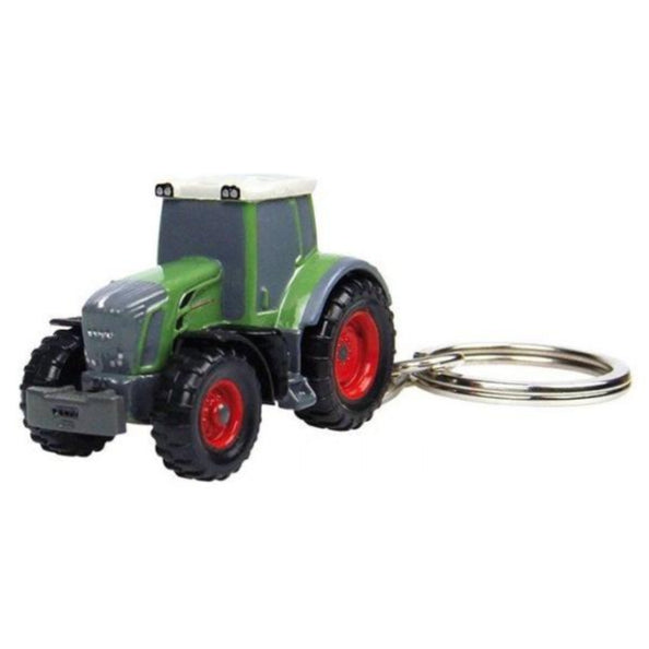 The AGCO Fendt - 828 Vario Keyring (X991005006000) is a small plastic toy tractor keychain, meticulously crafted as a scaled model of the Fendt 828 Vario, featuring green and grey coloring with striking red wheels.