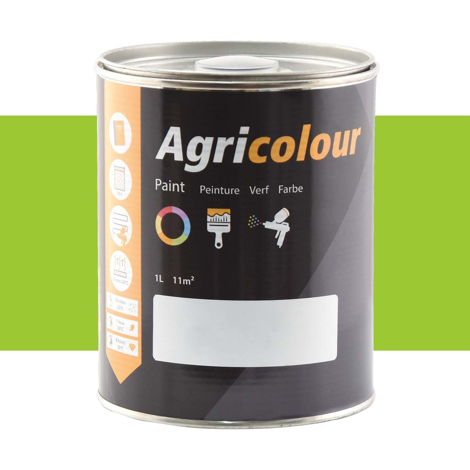 A one-liter can of Sparex PAINT CLAAS GREEN 83> - S.83019 with a dark label featuring various icons and multilingual text detailing its use and manufacture. The background showcases a green stripe, providing essential information for users.
