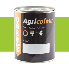 A one-liter can of Sparex PAINT CLAAS GREEN 83> - S.83019 with a dark label featuring various icons and multilingual text detailing its use and manufacture. The background showcases a green stripe, providing essential information for users.