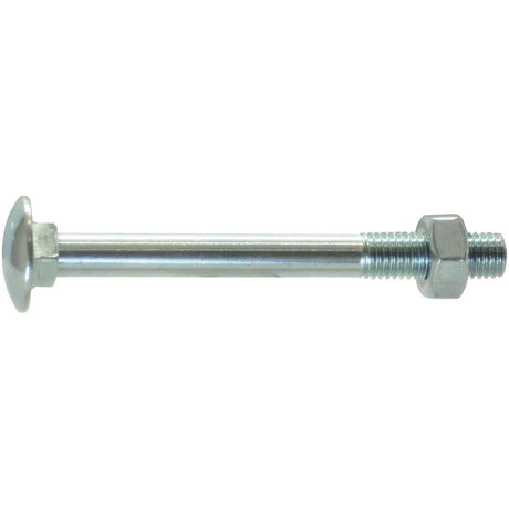 Close-up image of a Sparex Metric Carriage Bolt and Nut, M12x75mm (DIN 601/934) attached to the threaded end.