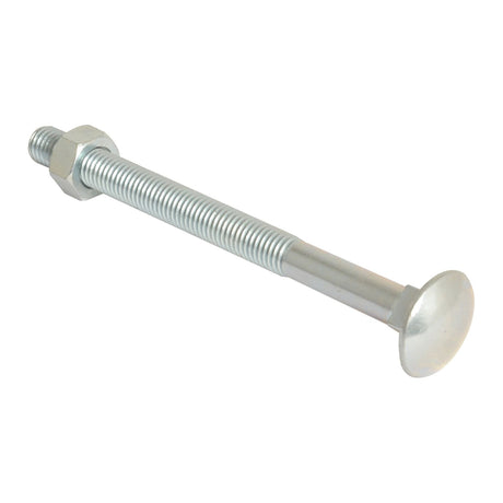 A Sparex Metric Carriage Bolt and Nut, M12x150mm (DIN 601/934), featuring a zinc-plated finish, metallic threaded shaft with a domed head and hex nut, is shown on a plain white background.