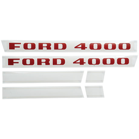 Image shows a Sparex Decal Set (Sparex Part No. S.8411) featuring the text "FORD 4000" in red. The set includes two identical larger decals and four smaller white strips, designed for use on a vehicle, likely a Ford / New Holland 4000 tractor.