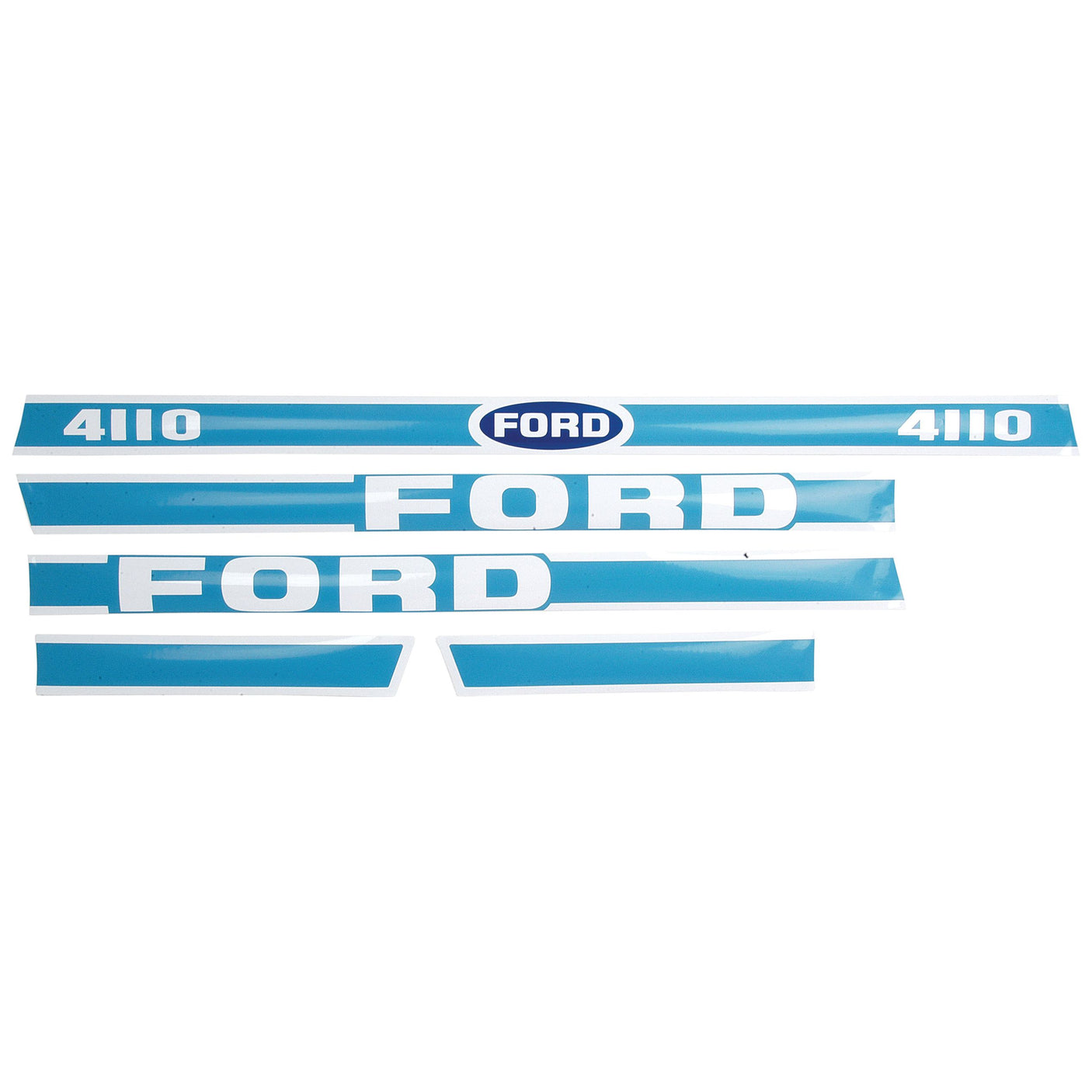 Set of blue and white decals that spell out "FORD" and "4110," including an oval-shaped Ford logo, specifically designed for New Holland 4110 tractor parts, available as the Decal Set (Sparex Part No.S.8427) by Sparex.