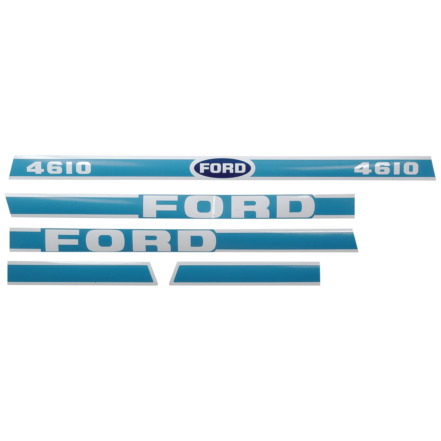 The Decal Set | Sparex Part No.S.8428 by Sparex features blue and white decals reading "Ford" and "4610" arranged in sets with the Ford logo in the center, perfect for enhancing your Ford 4610 or New Holland 4610 tractors.