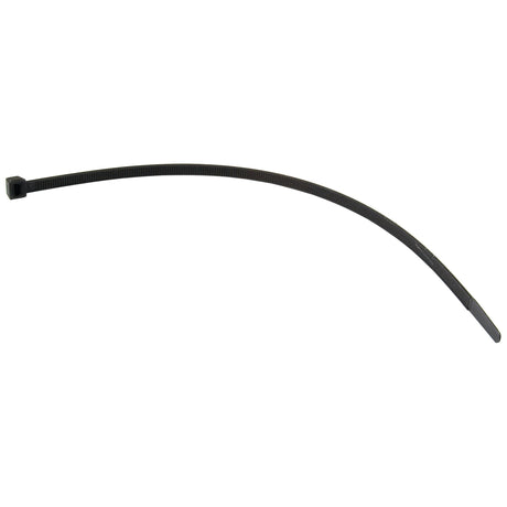 The Sparex black plastic Cable Tie - Non Releasable (Sparex Part No.S.8462) features a ridged tail and looped head for securing objects, designed to be non-releasable.