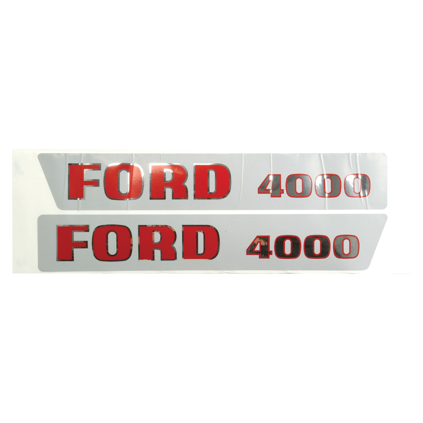 Two metallic rectangular labels with "Ford / New Holland 4000" written in red text, from the Decal Set - Ford / New Holland 4000 (Sparex Part No.S.8536) by Sparex.