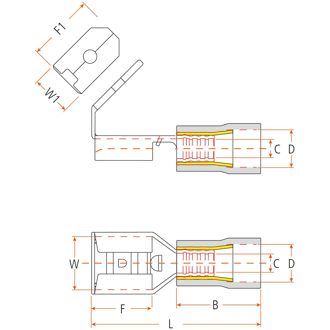 Pre Insulated Spade Terminal, Standard Grip - Female Spade with Male Branch, 6.3mm, Red (0.5 - 1.5mm)
 - S.8540 - Farming Parts