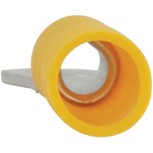 Close-up of a **Pre Insulated Ring Terminal | Sparex Part No.S.8551** from **Sparex**, featuring a yellow and metallic cylindrical design with a spiral interior, compatible with the Yellow Standard Grip and designed to handle 48 Amps.