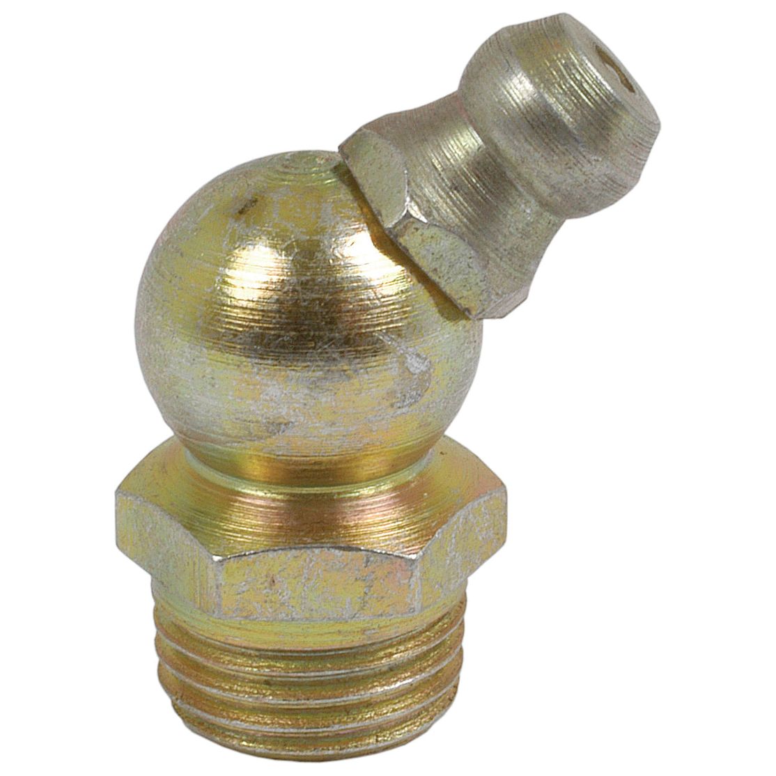 The Sparex Grease Nipple (Part No.S.858) features a brass-colored finish, a hexagonal base, and a rounded, angled nozzle set at 45 degrees.