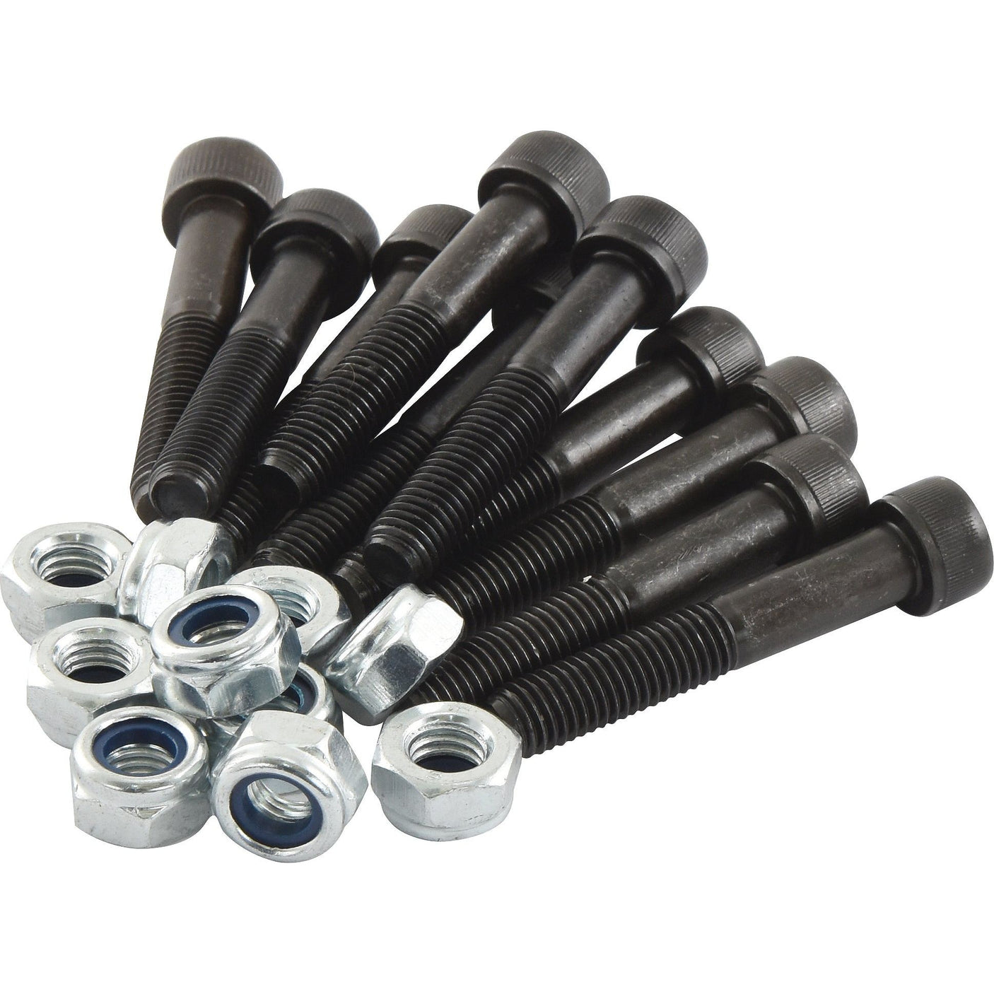 A collection of Sparex Shear Bolts (Part No. S.8600) in black 10 x 60mm size, accompanied by matching silver-and-blue nuts, arranged on a white background.