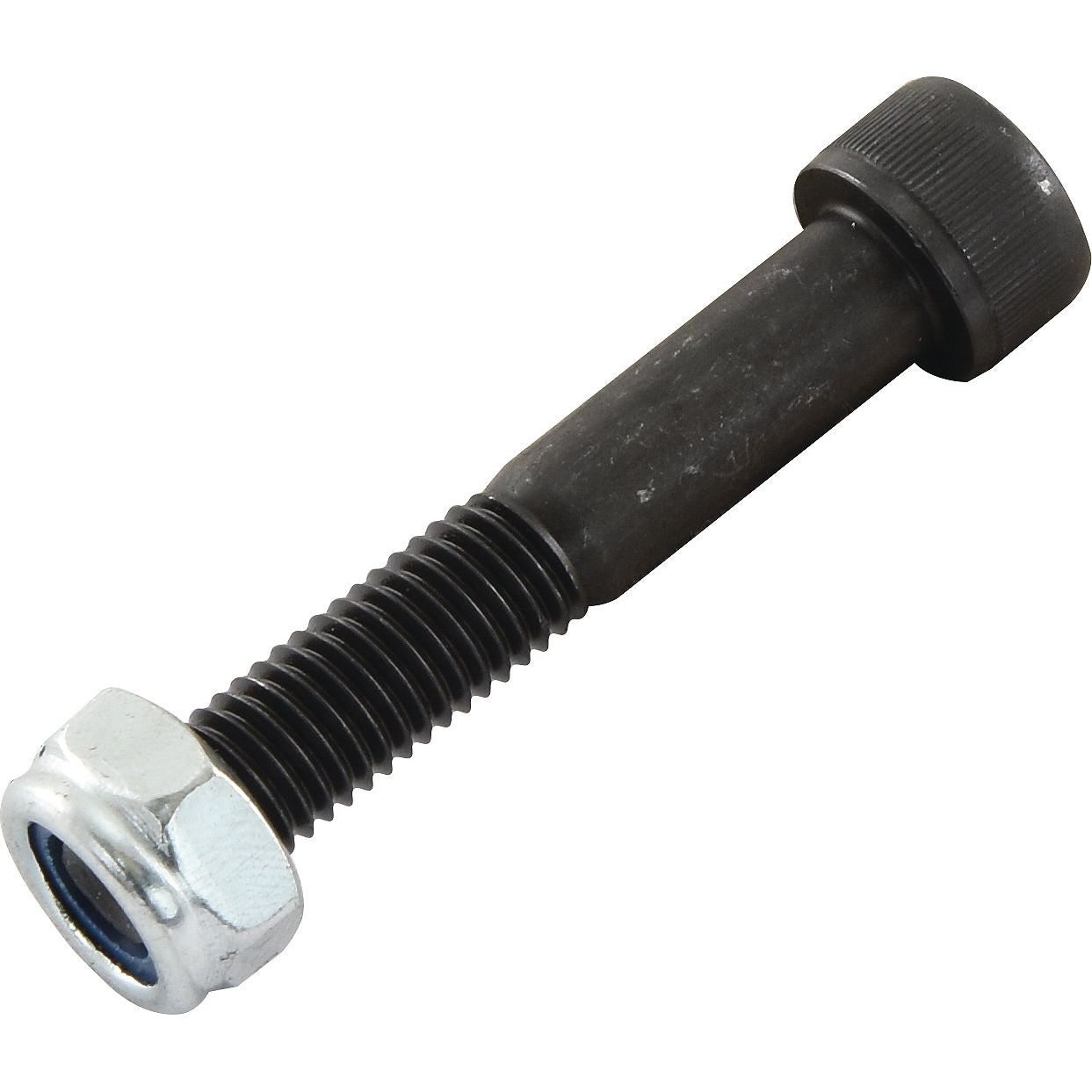 A close-up image of a 10 x 60mm black Shear Bolt | Sparex Part No.S.8600 with a round head and partial threading, accompanied by a shiny hexagonal nut screwed onto the bolt's threads. This bolt from Sparex meets DIN 912 standards for high-quality fasteners.