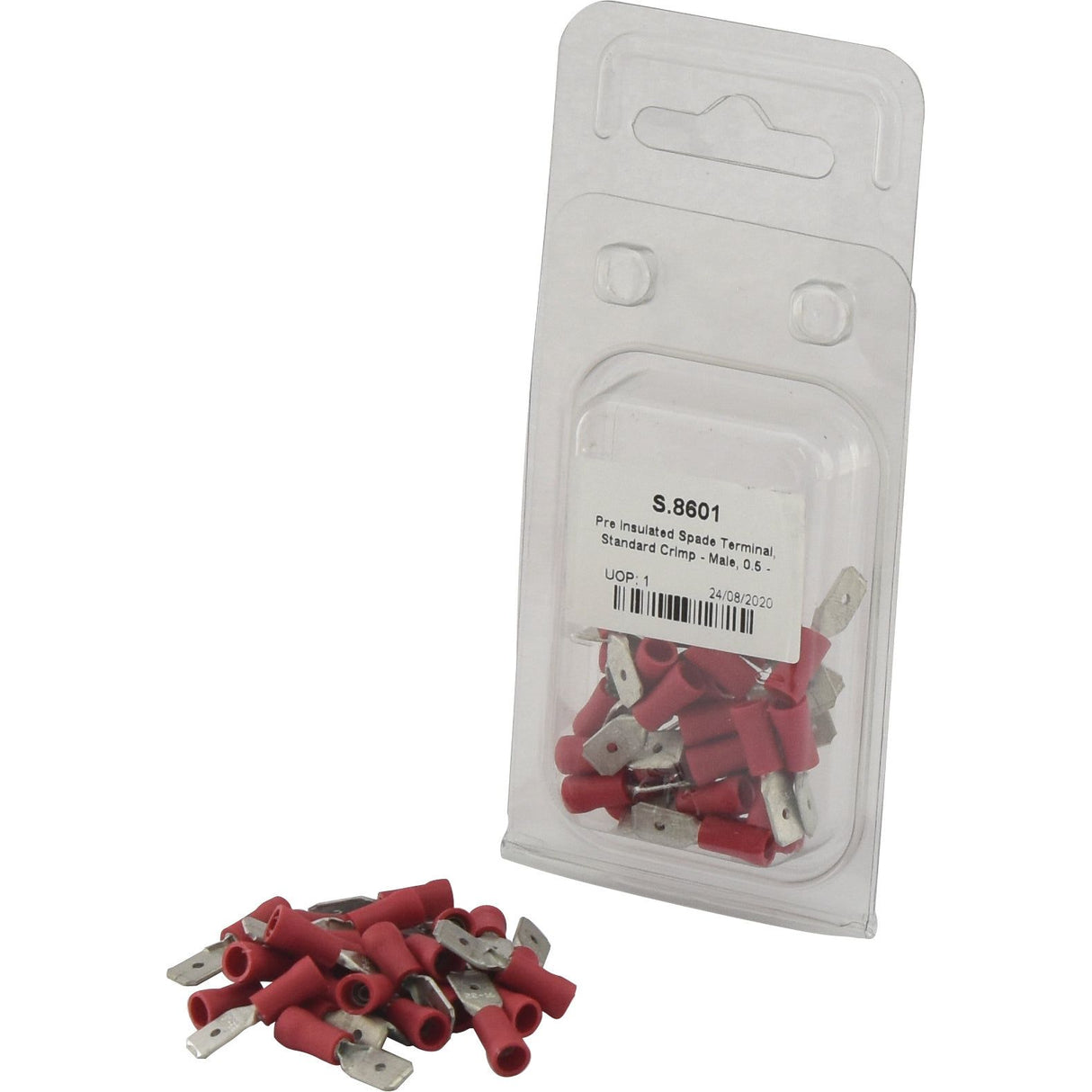 Pre Insulated Spade Terminal, Standard Grip - Male, 6.3mm, Red (0.5 - 1.5mm) (Agripak 25 pcs.)
 - S.8601 - Farming Parts