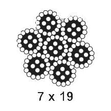 Diagram of a seven-stranded wire rope with each strand made up of 19 wires, labeled "7 x 19"—perfect for use as the Sparex Wire Rope With Steel Core - Steel, Ø6mm x 50M (S.8865).