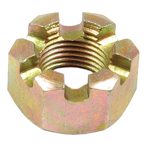 The Imperial Castle Nut (Sparex Part No. S.8933) by Sparex is a gold-colored, zinc-plated castellated nut featuring six slots around its top edge and is compatible with Ford/New Holland machinery.