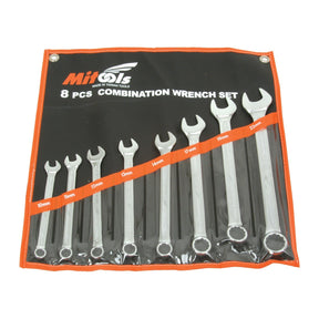 A set of eight combination wrenches in various sizes (10mm to 22mm) in a black and orange roll-up pouch, labeled "Sparex 8 pcs Combination Wrench Set" | Sparex Part No. S.23335.